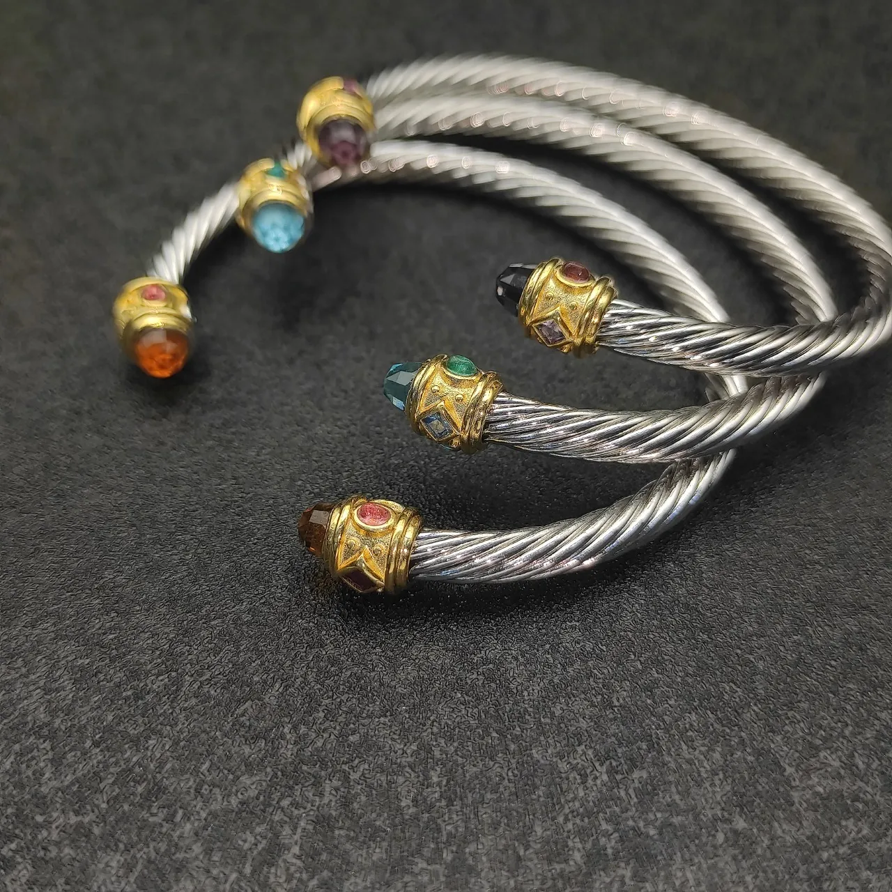 Silver Gold Twisted Cable Metal Bezel-Set Gem Terminals Bracelet 6