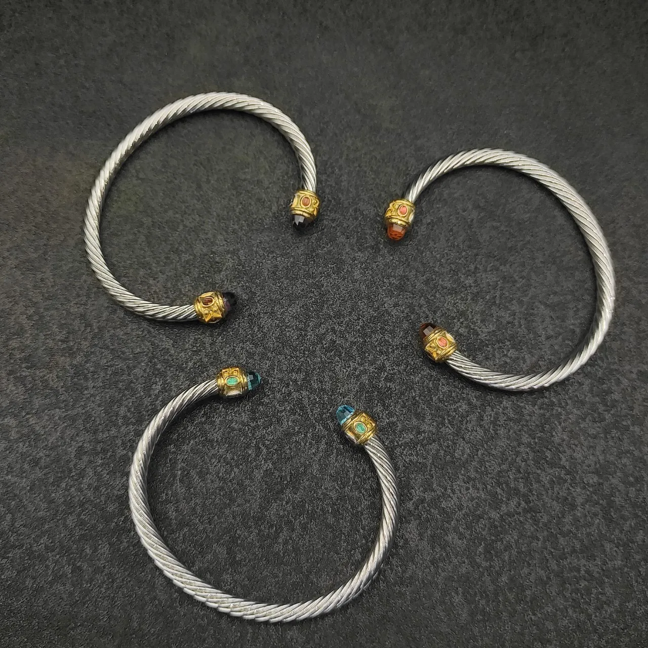 Silver Gold Twisted Cable Metal Bezel-Set Gem Terminals Bracelet 7