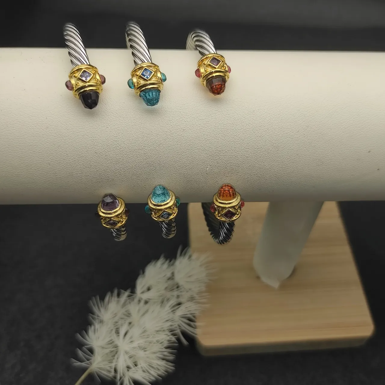 Silver Gold Twisted Cable Metal Bezel-Set Gem Terminals Bracelet 8