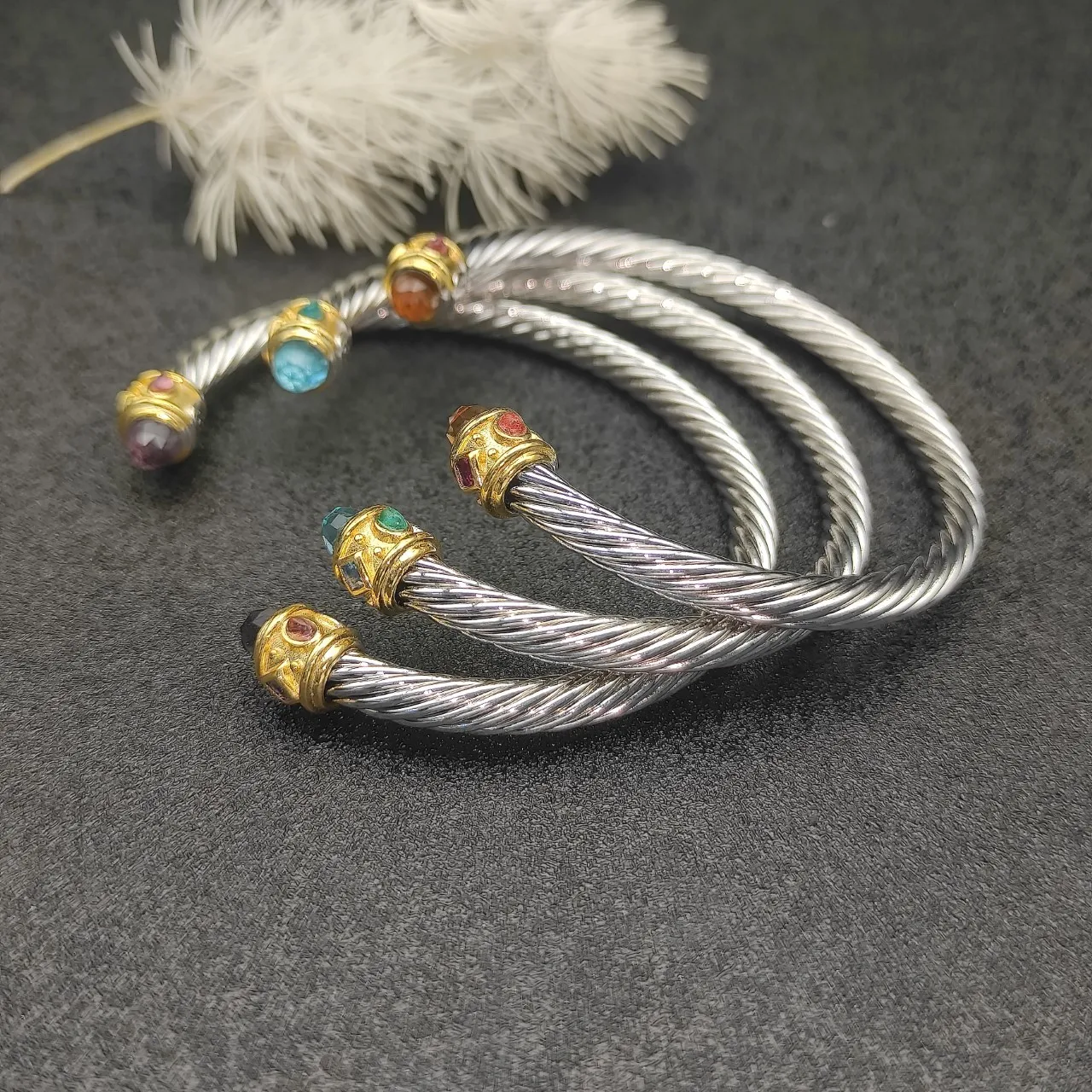 Silver Gold Twisted Cable Metal Bezel-Set Gem Terminals Bracelet 9