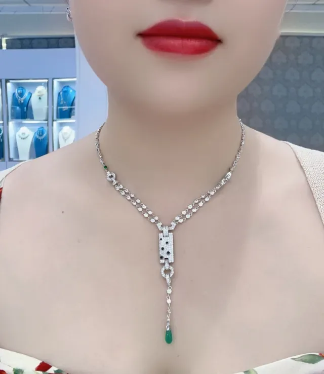 Silver Green Pavé-Set Rectangular Pendant Double-Strand Chain Necklace 2
