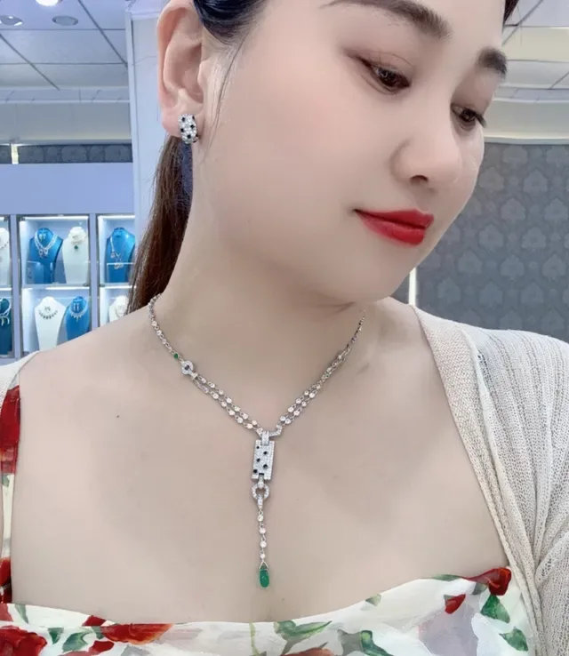 Silver Green Pavé-Set Rectangular Pendant Double-Strand Chain Necklace 3