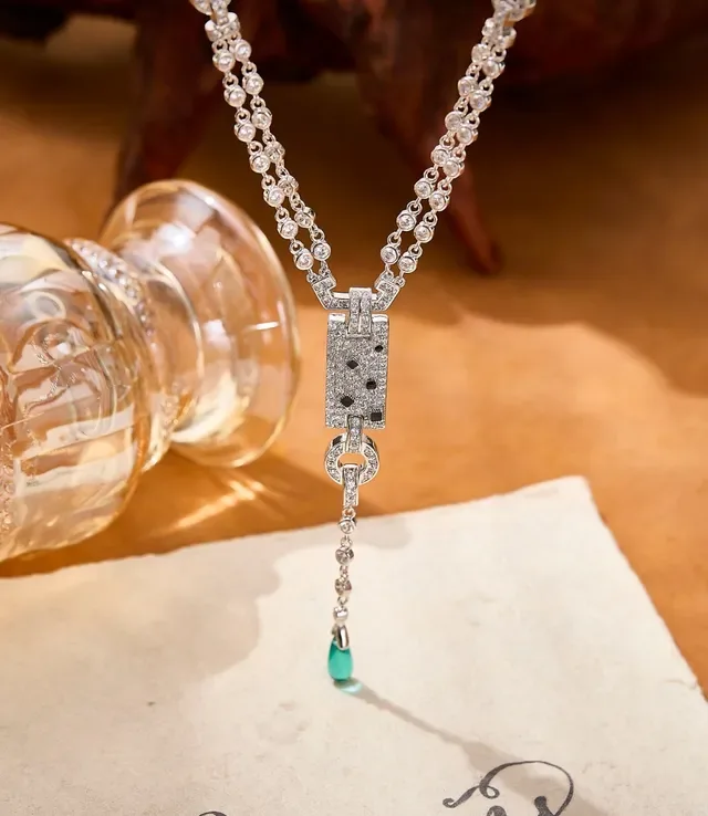 Silver Green Pavé-Set Rectangular Pendant Double-Strand Chain Necklace 6
