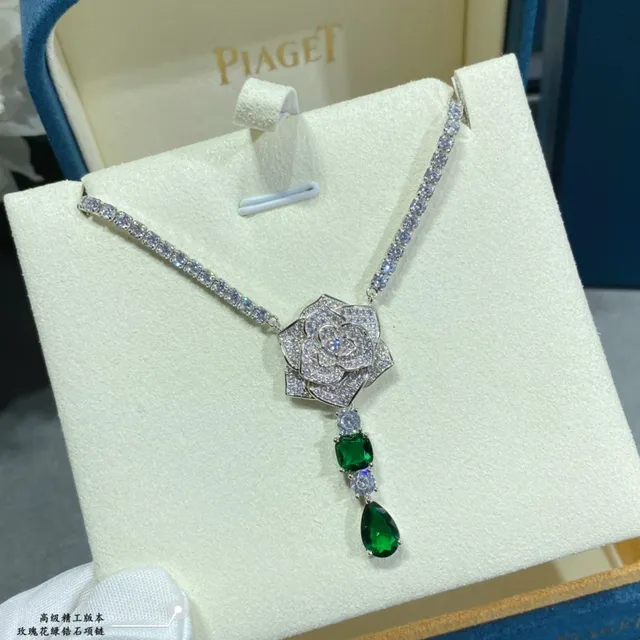 Silver Green Rose-Shaped Pavé Pendant Gemstone Drop Necklace 4