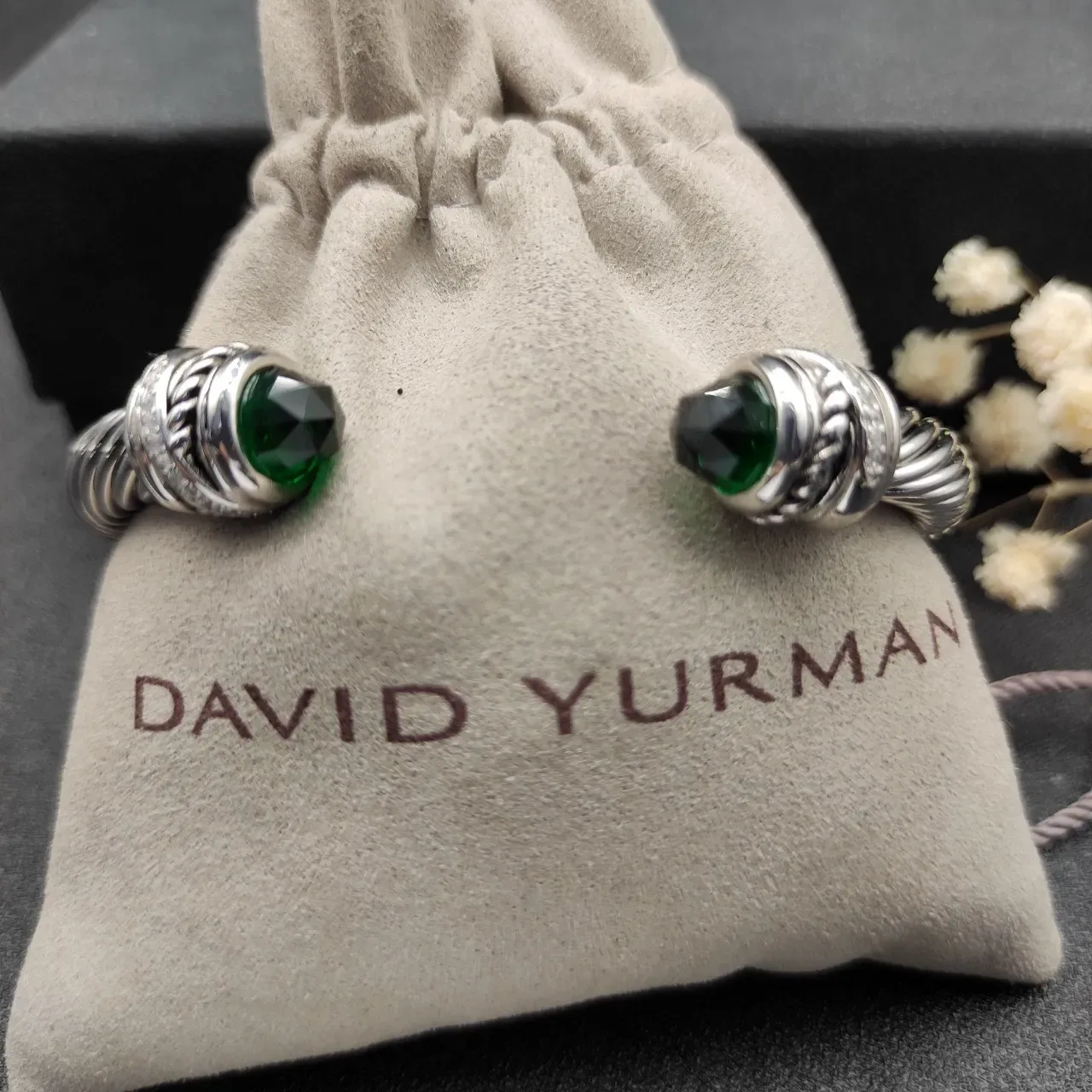 Silver Green Twisted Cable Faceted Stone Terminals Bracelet 2
