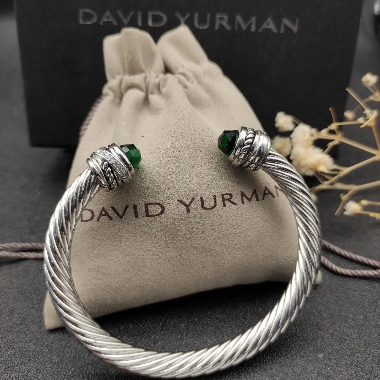 Silver Green Twisted Cable Faceted Stone Terminals Bracelet 3