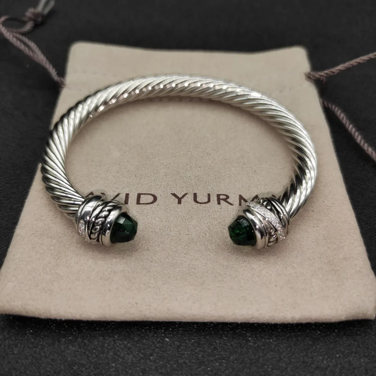 Silver Green Twisted Cable Faceted Stone Terminals Bracelet 5