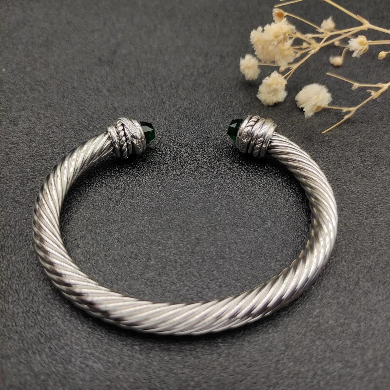 Silver Green Twisted Cable Faceted Stone Terminals Bracelet 6