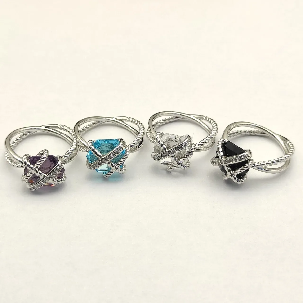Silver Multicolor Twisted Rope Band Cross-Wrapped Wire Setting Ring 1