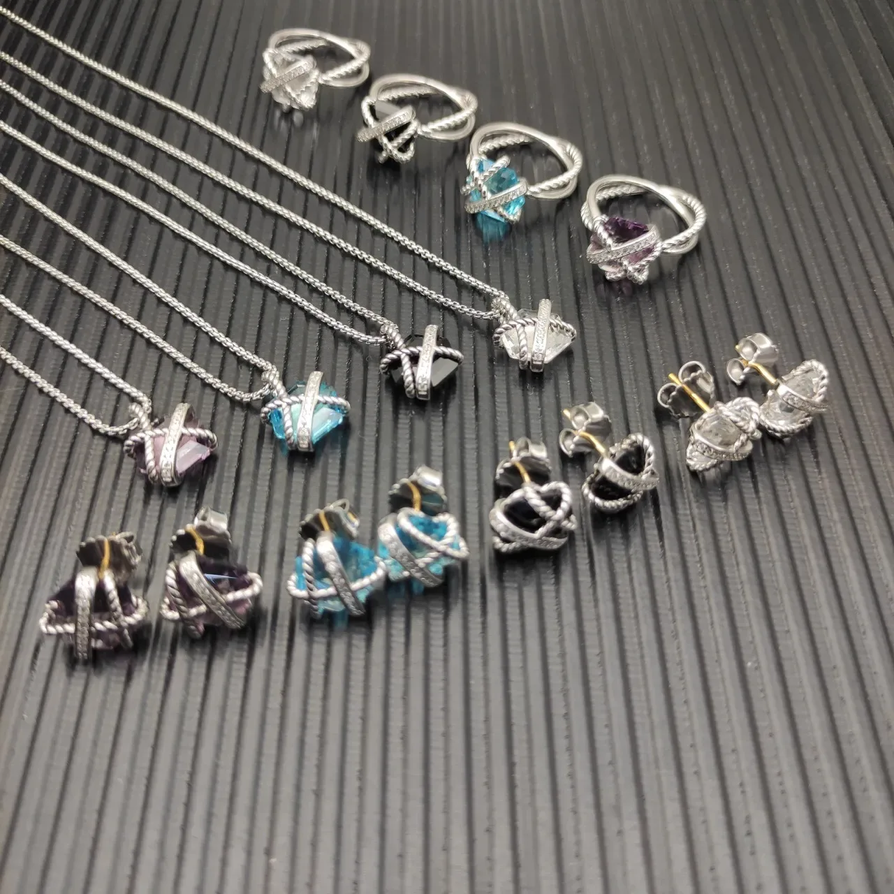 Silver Multicolor Twisted Rope Band Cross-Wrapped Wire Setting Ring 5