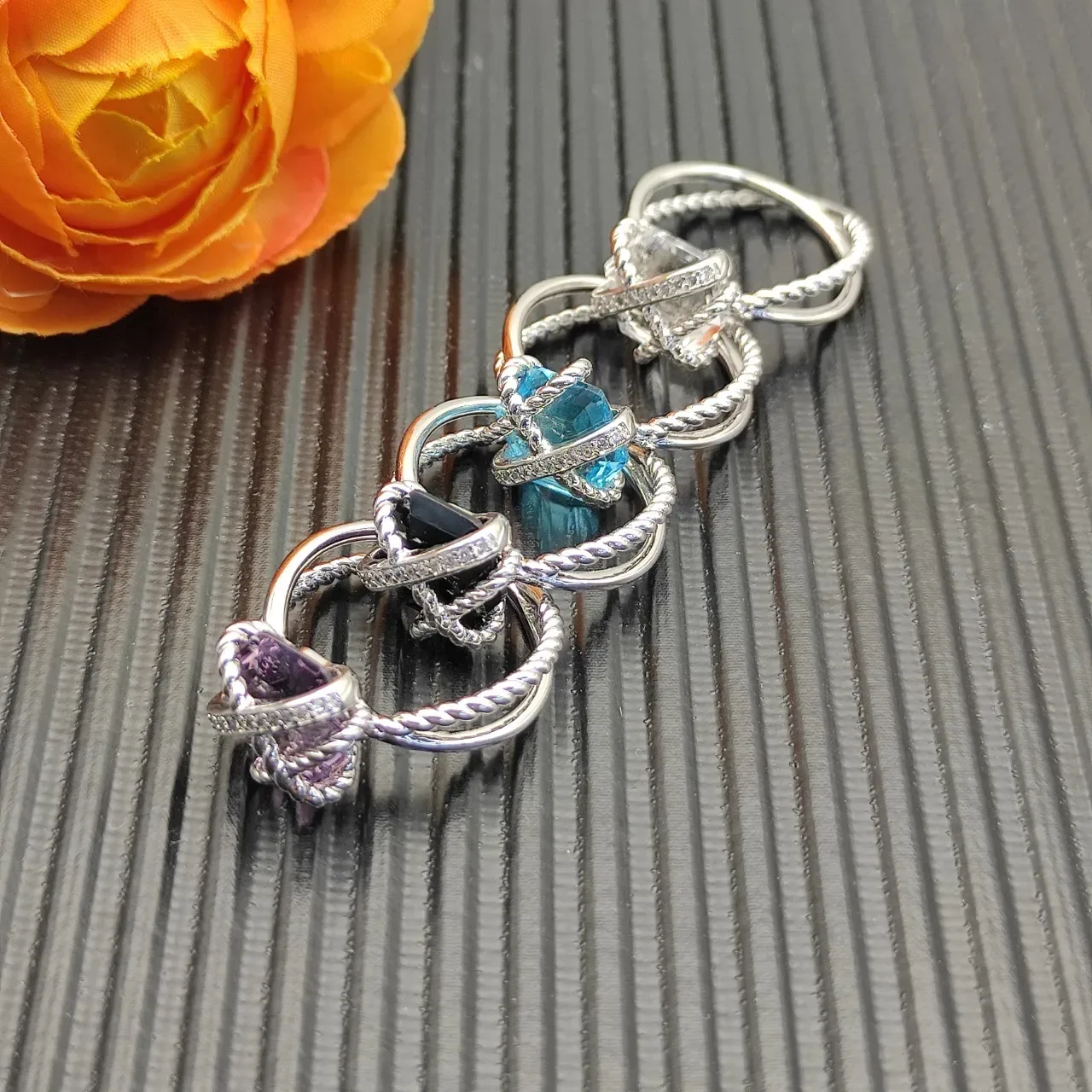 Silver Multicolor Twisted Rope Band Cross-Wrapped Wire Setting Ring 6