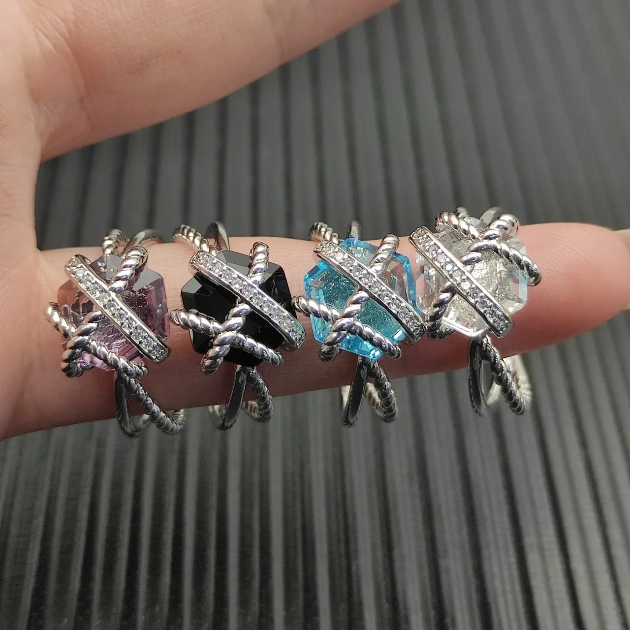 Silver Multicolor Twisted Rope Band Cross-Wrapped Wire Setting Ring 7