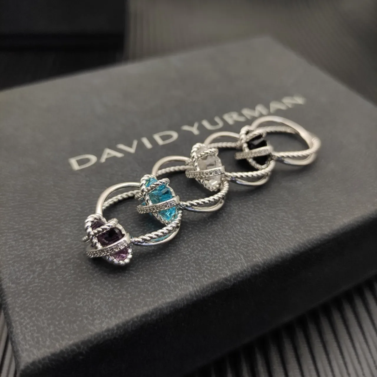 Silver Multicolor Twisted Rope Band Cross-Wrapped Wire Setting Ring 8
