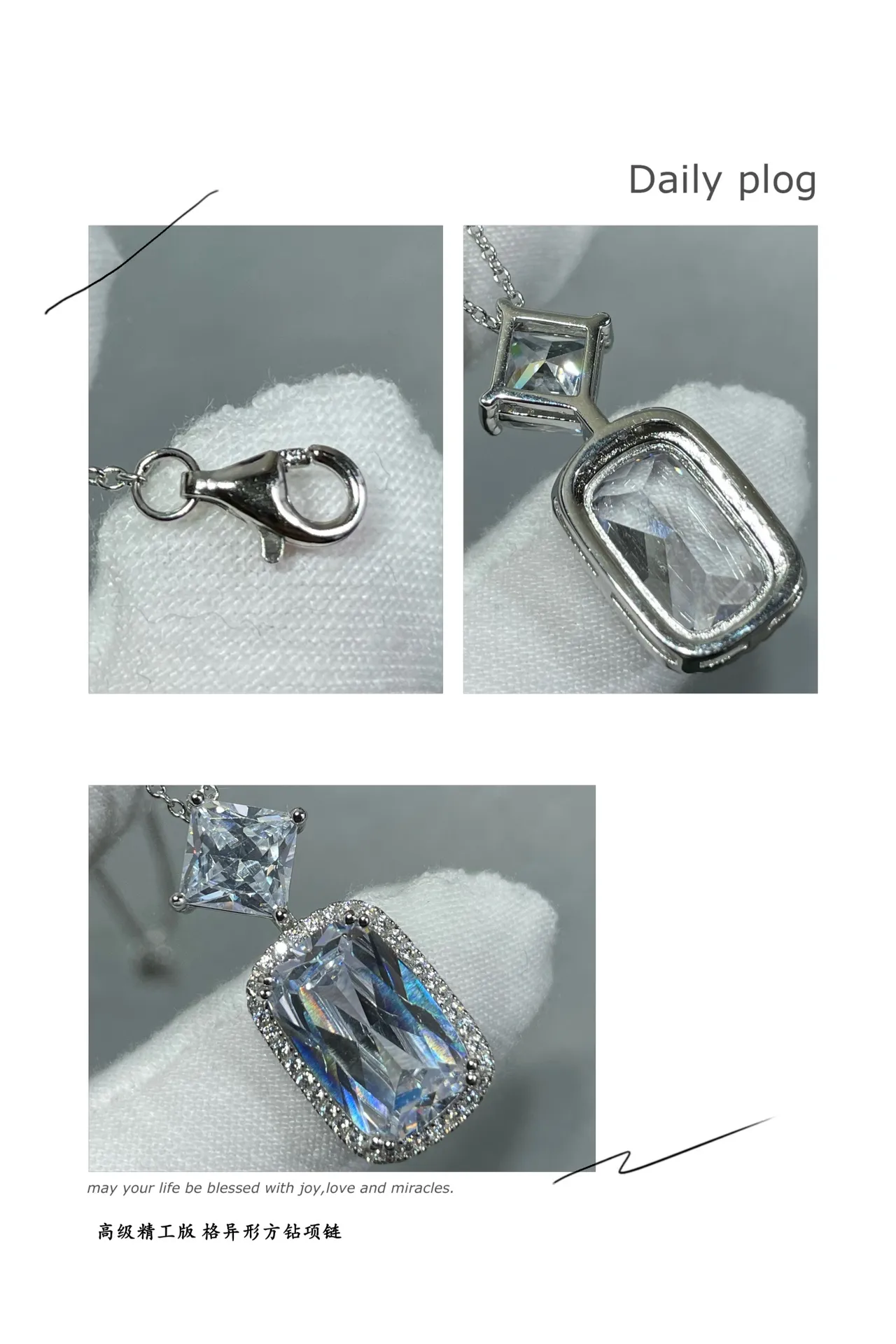 Silver Navy Double-Stone Pendant Faceted Square And Cushion-Cut Stones Necklace 2