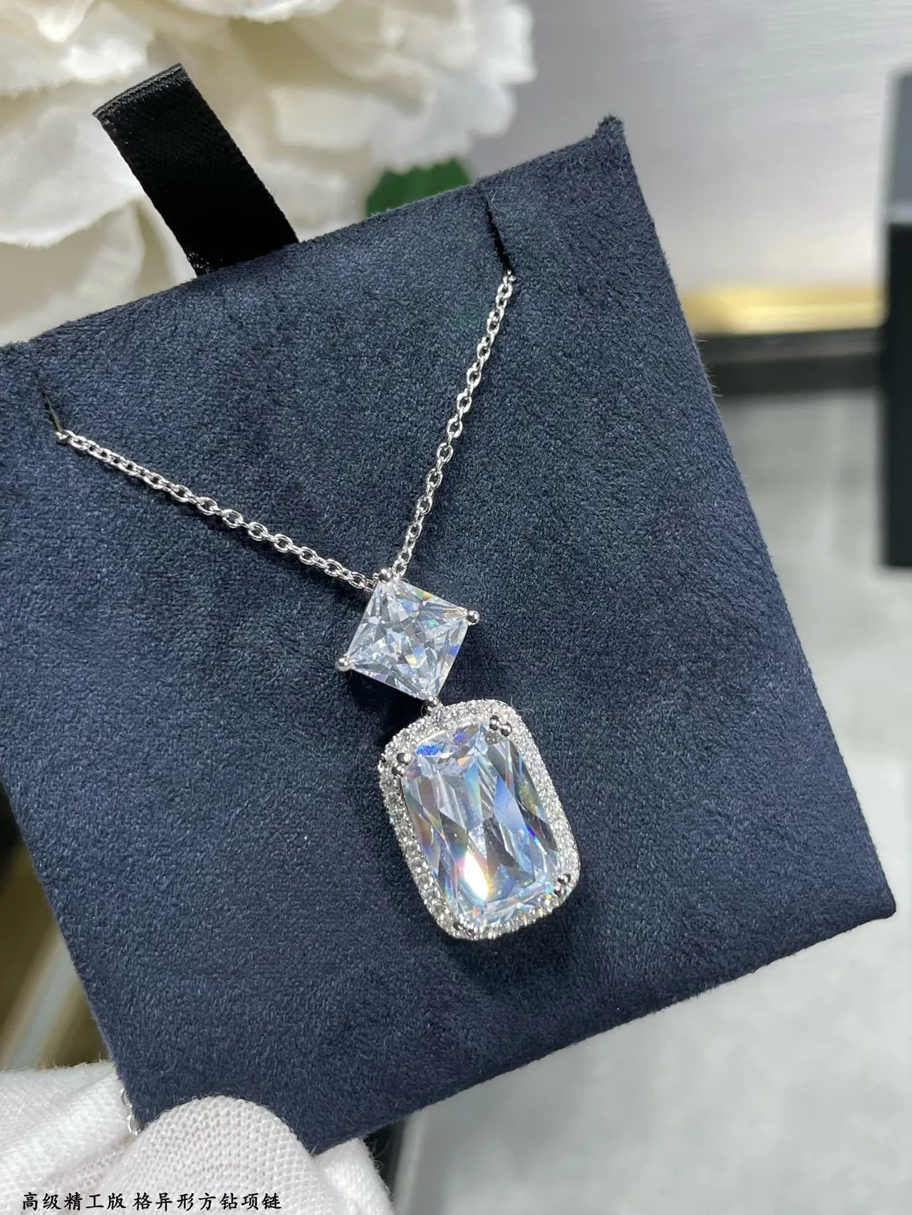 Silver Navy Double-Stone Pendant Faceted Square And Cushion-Cut Stones Necklace 3