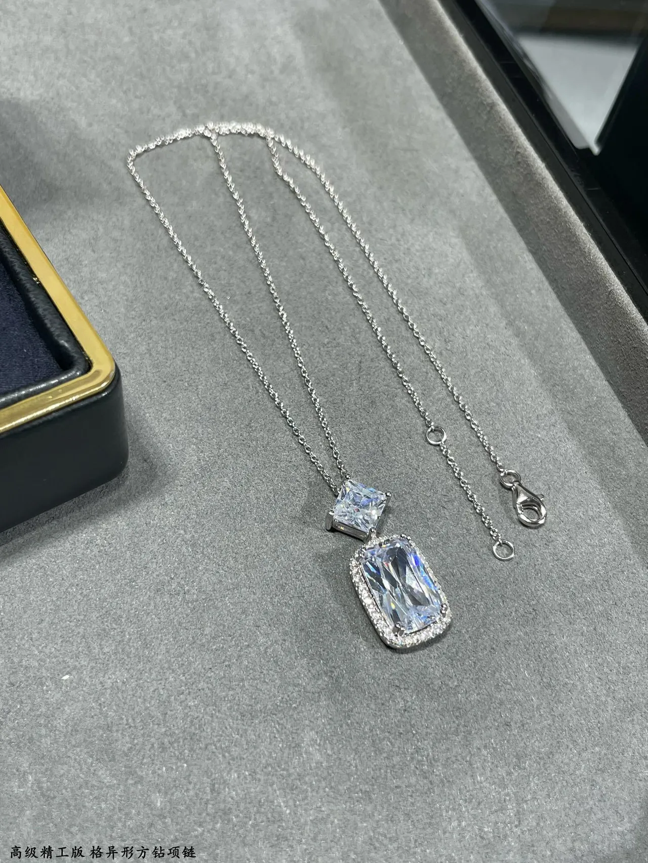 Silver Navy Double-Stone Pendant Faceted Square And Cushion-Cut Stones Necklace 4