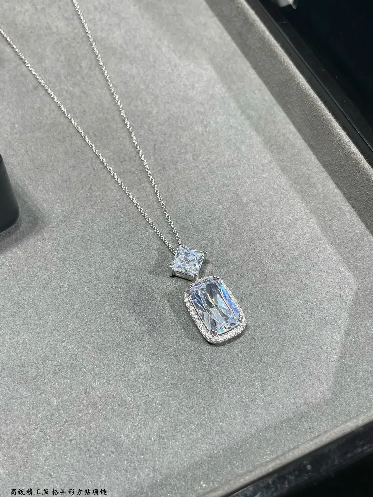 Silver Navy Double-Stone Pendant Faceted Square And Cushion-Cut Stones Necklace 5