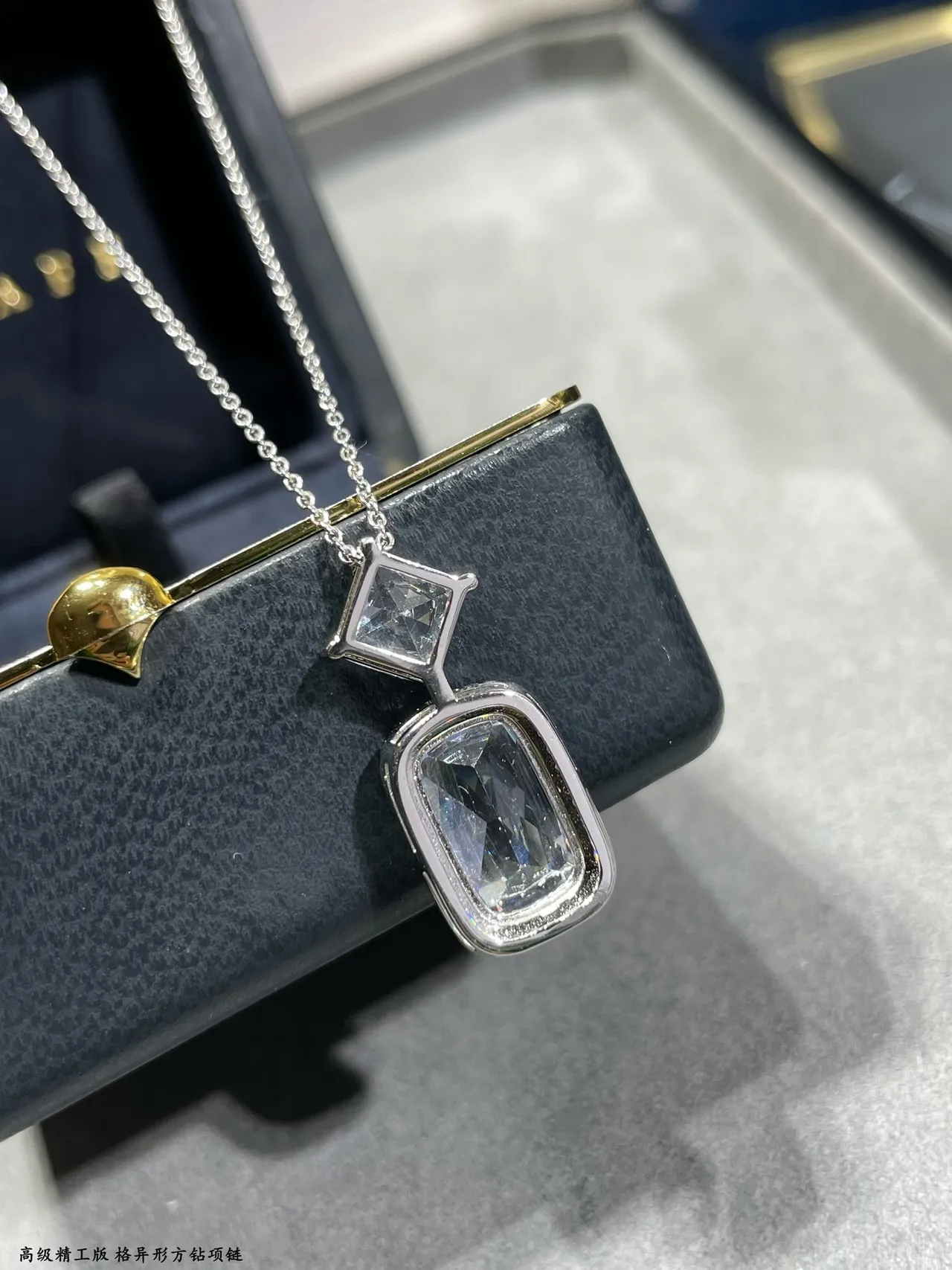 Silver Navy Double-Stone Pendant Faceted Square And Cushion-Cut Stones Necklace 6