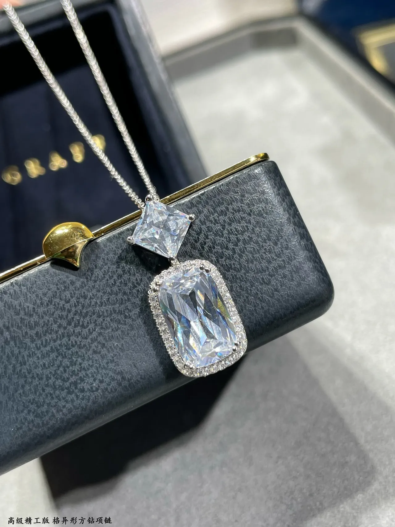 Silver Navy Double-Stone Pendant Faceted Square And Cushion-Cut Stones Necklace 7