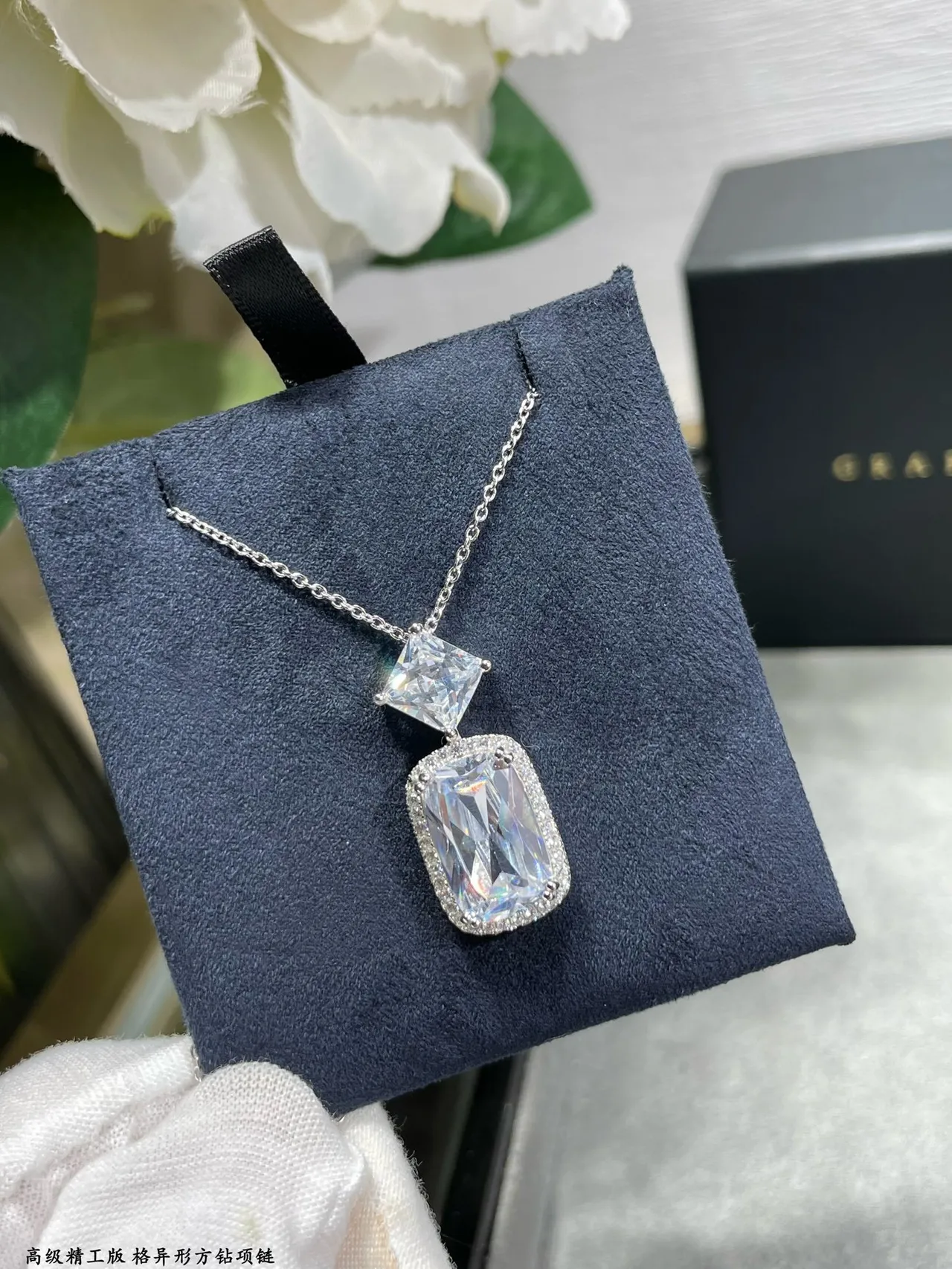 Silver Navy Double-Stone Pendant Faceted Square And Cushion-Cut Stones Necklace 8