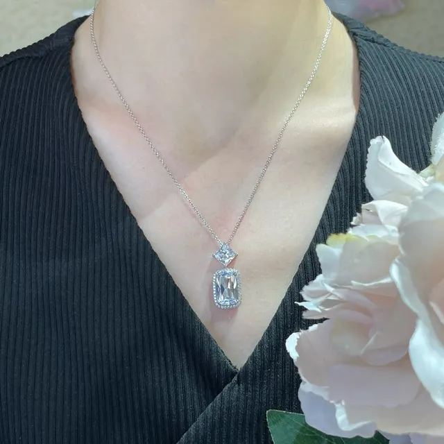Silver Navy Double-Stone Pendant Faceted Square And Cushion-Cut Stones Necklace 9
