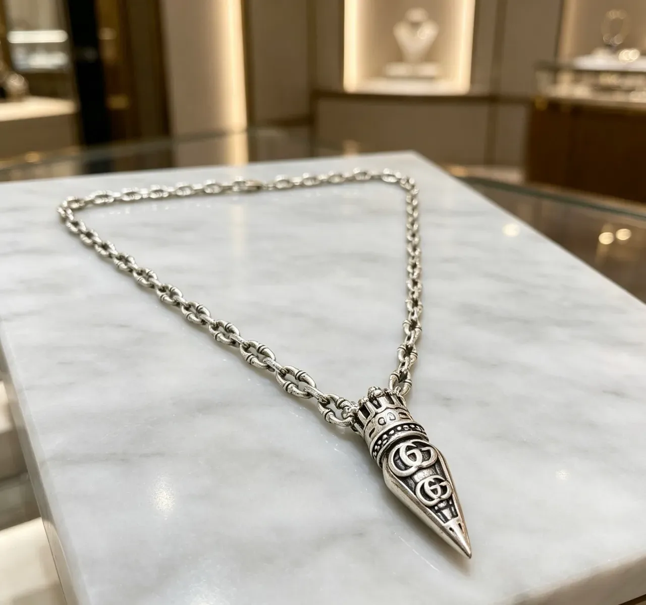 Silver Ornate Crown-Topped Dagger Pendant Textured Link Chain Jewelry 2