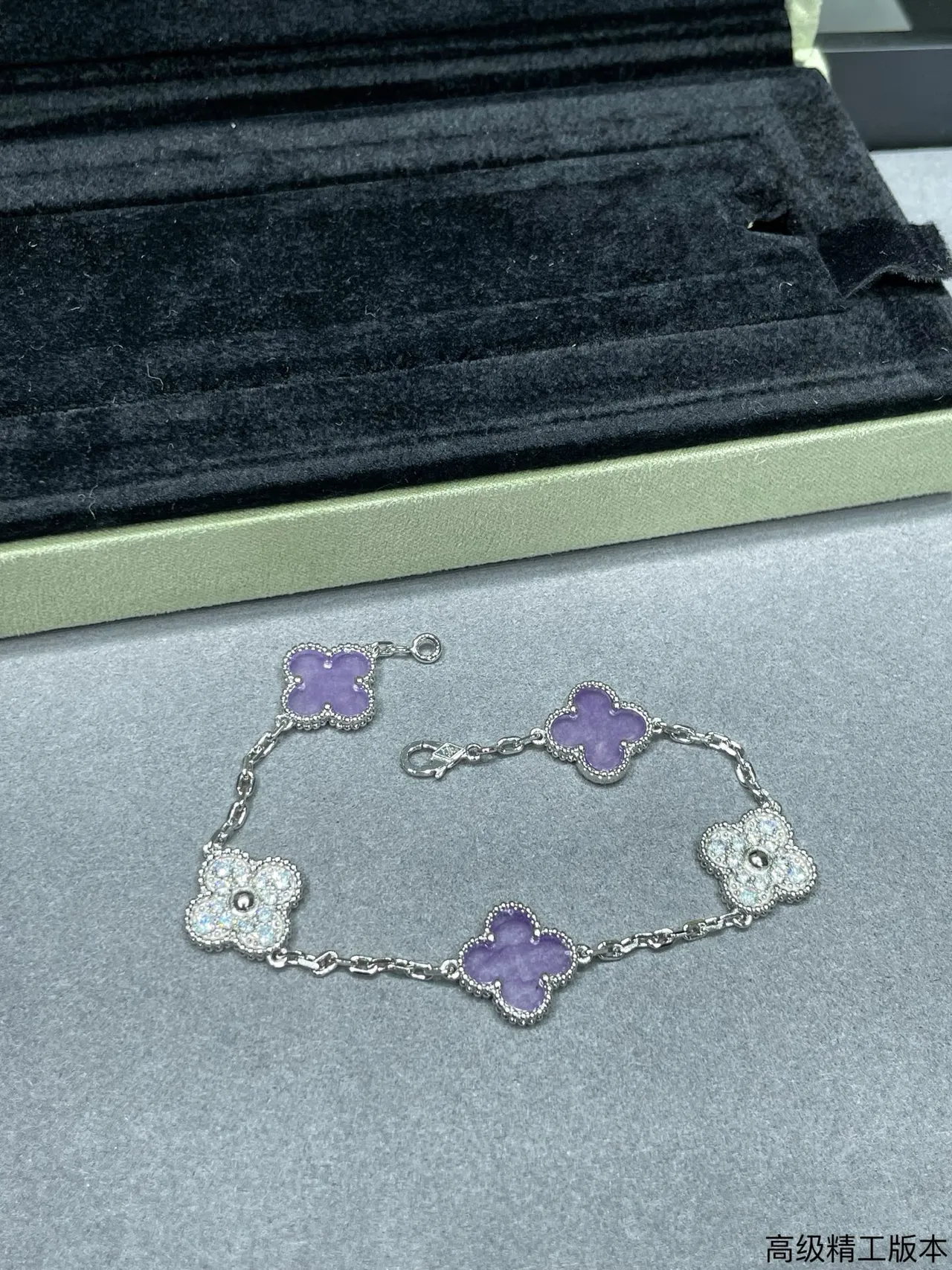 Silver Pink Clover-Shaped Charms Pavé-Set Clear Stones Bracelet 4