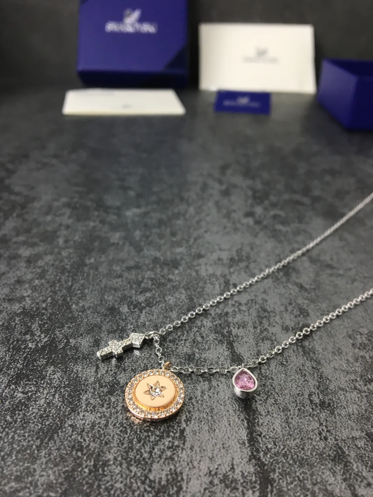Silver Pink Multi-Charm Pendant Pavé-Set Stones Necklace 7