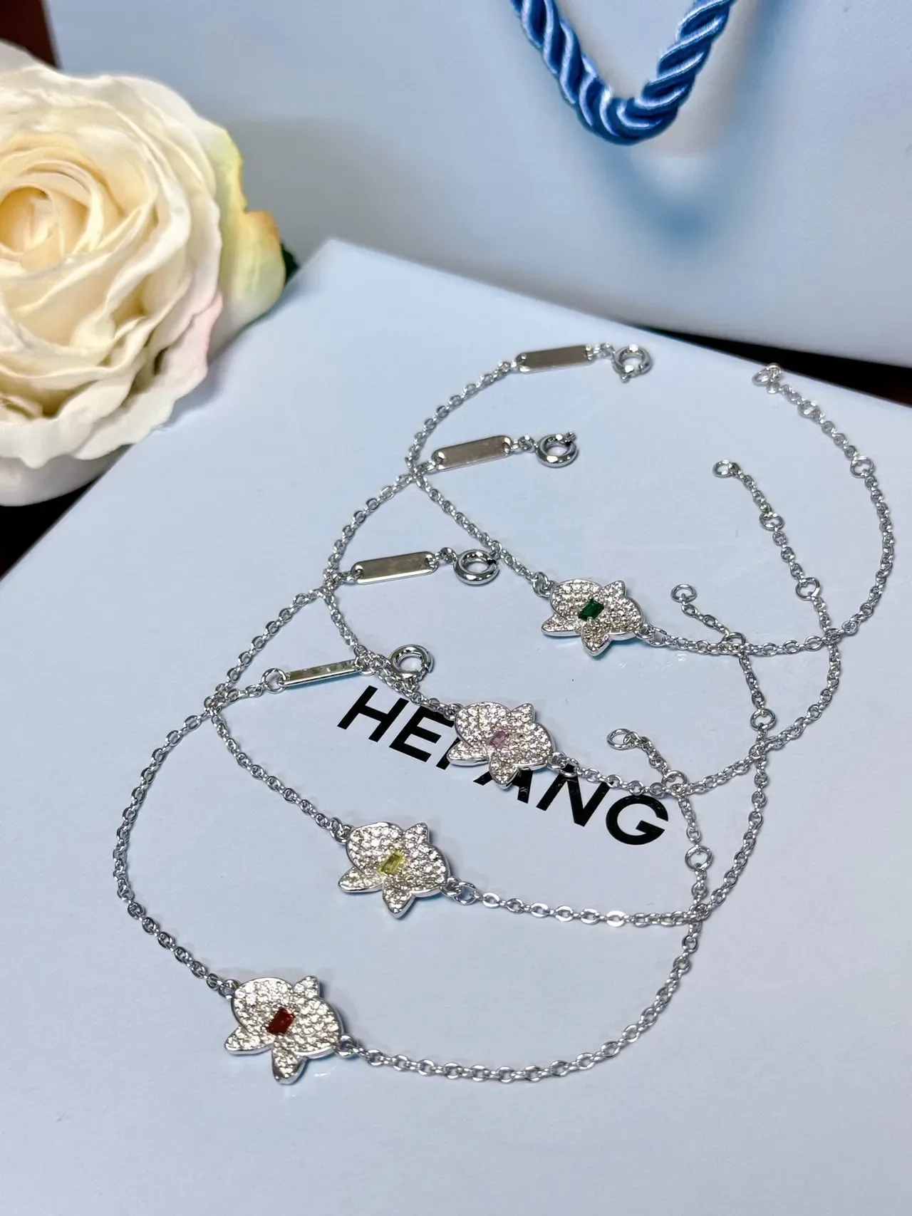 Silver Red Pavé-Set Floral Pendant Central Gemstone Bracelet 5