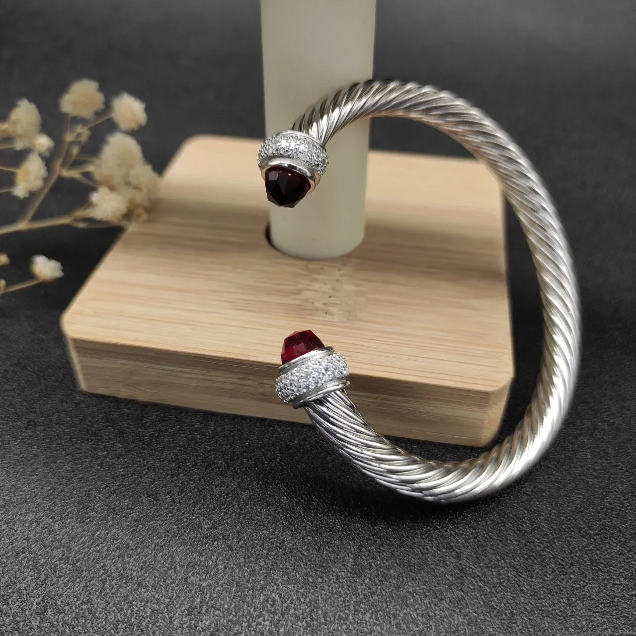 Silver Red Twisted Cable Faceted Stone Terminals Bracelet 3