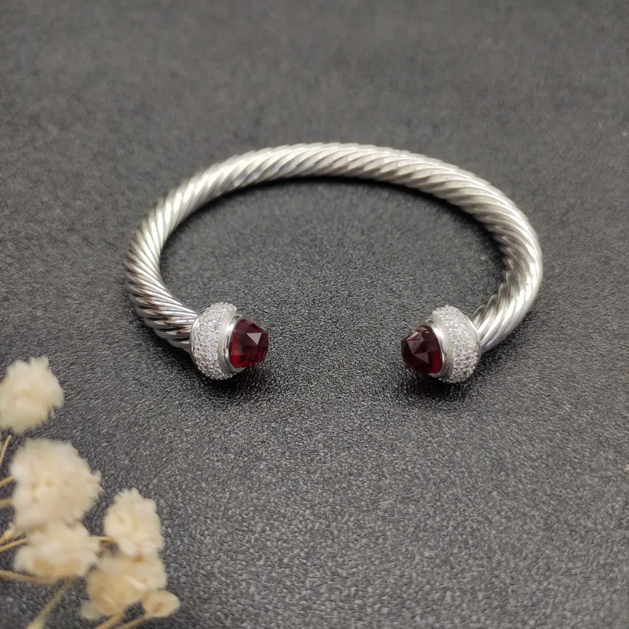 Silver Red Twisted Cable Faceted Stone Terminals Bracelet 5
