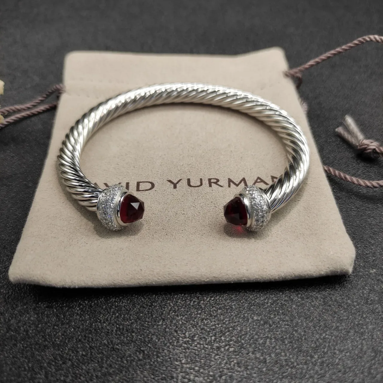 Silver Red Twisted Cable Faceted Stone Terminals Bracelet 7
