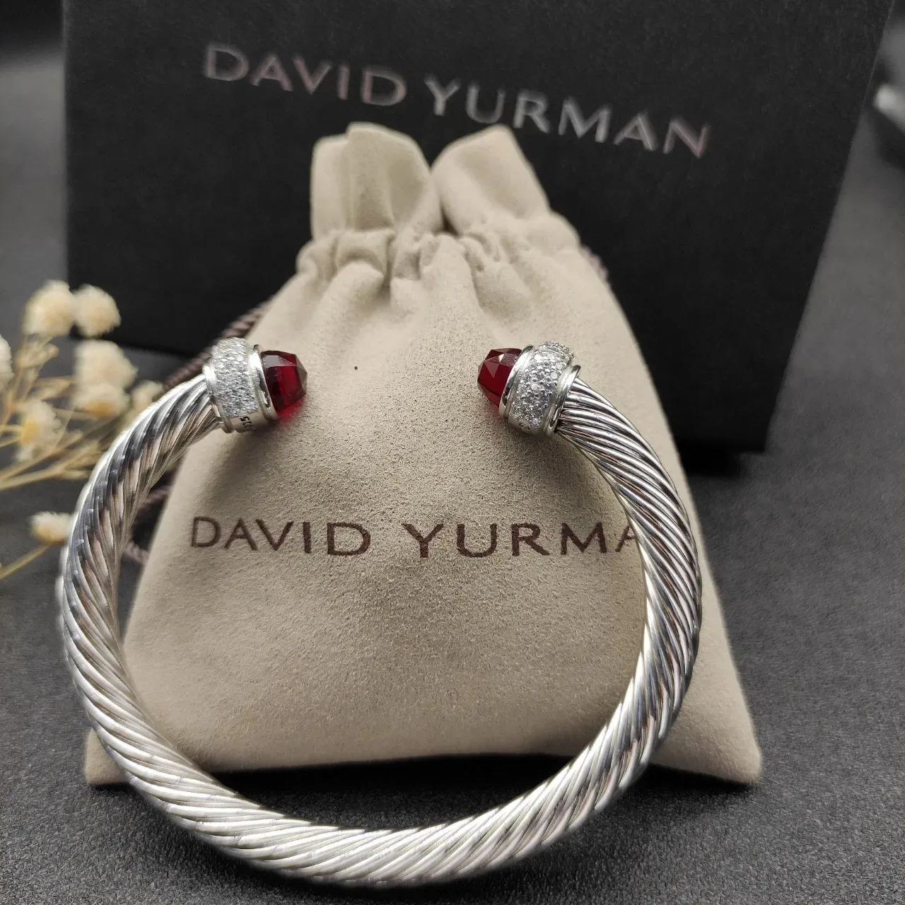 Silver Red Twisted Cable Faceted Stone Terminals Bracelet 8
