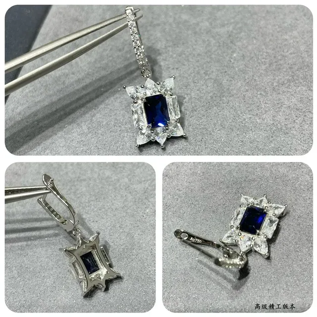 Silver-Tone Blue Rectangular Stone Starburst Halo Lever-Back Earrings 2
