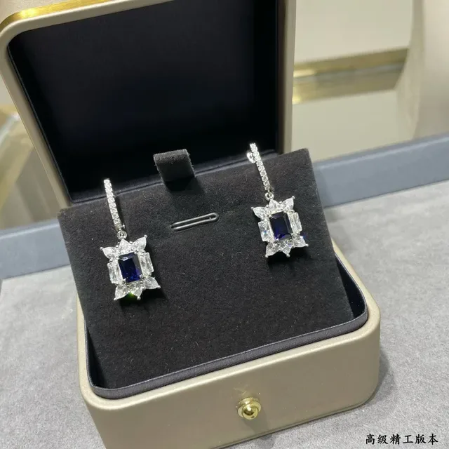 Silver-Tone Blue Rectangular Stone Starburst Halo Lever-Back Earrings 3