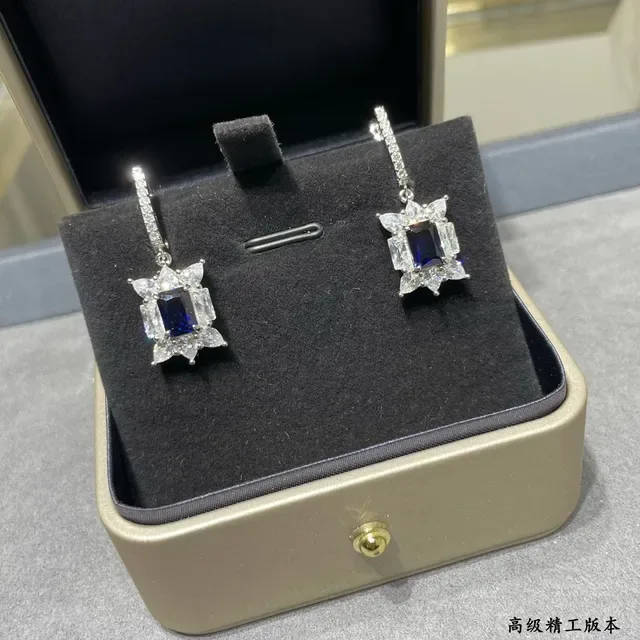 Silver-Tone Blue Rectangular Stone Starburst Halo Lever-Back Earrings 4