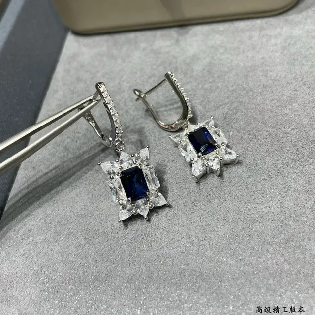 Silver-Tone Blue Rectangular Stone Starburst Halo Lever-Back Earrings 7