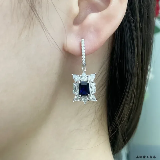 Silver-Tone Blue Rectangular Stone Starburst Halo Lever-Back Earrings 9