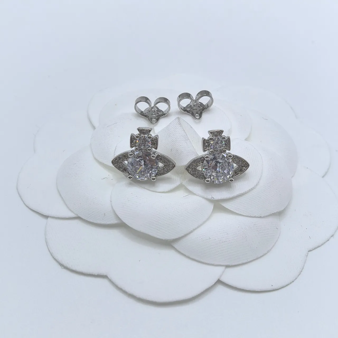 Silver-Tone Clear Stone Marquise Pavé Cross Motif Stud Earrings 9