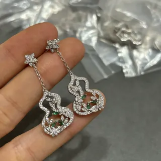 Silver-Tone Pave-Set Floral Gourd Dangling Earrings