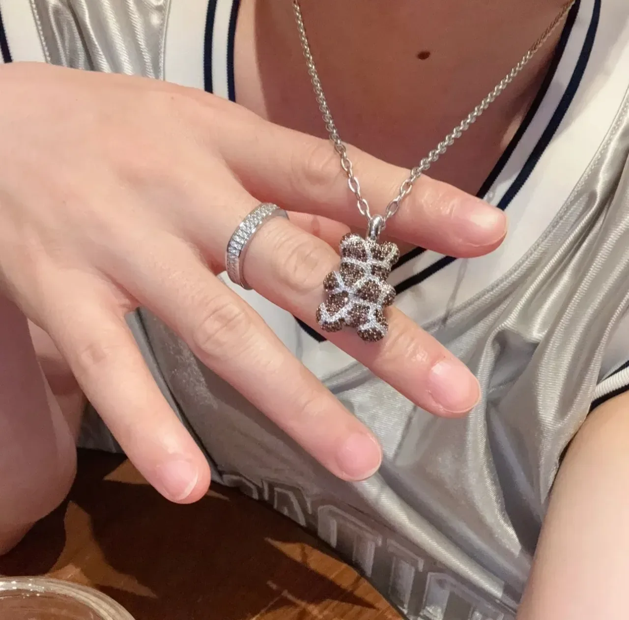 Silver-Tone Paved Bear Charm Necklace 3