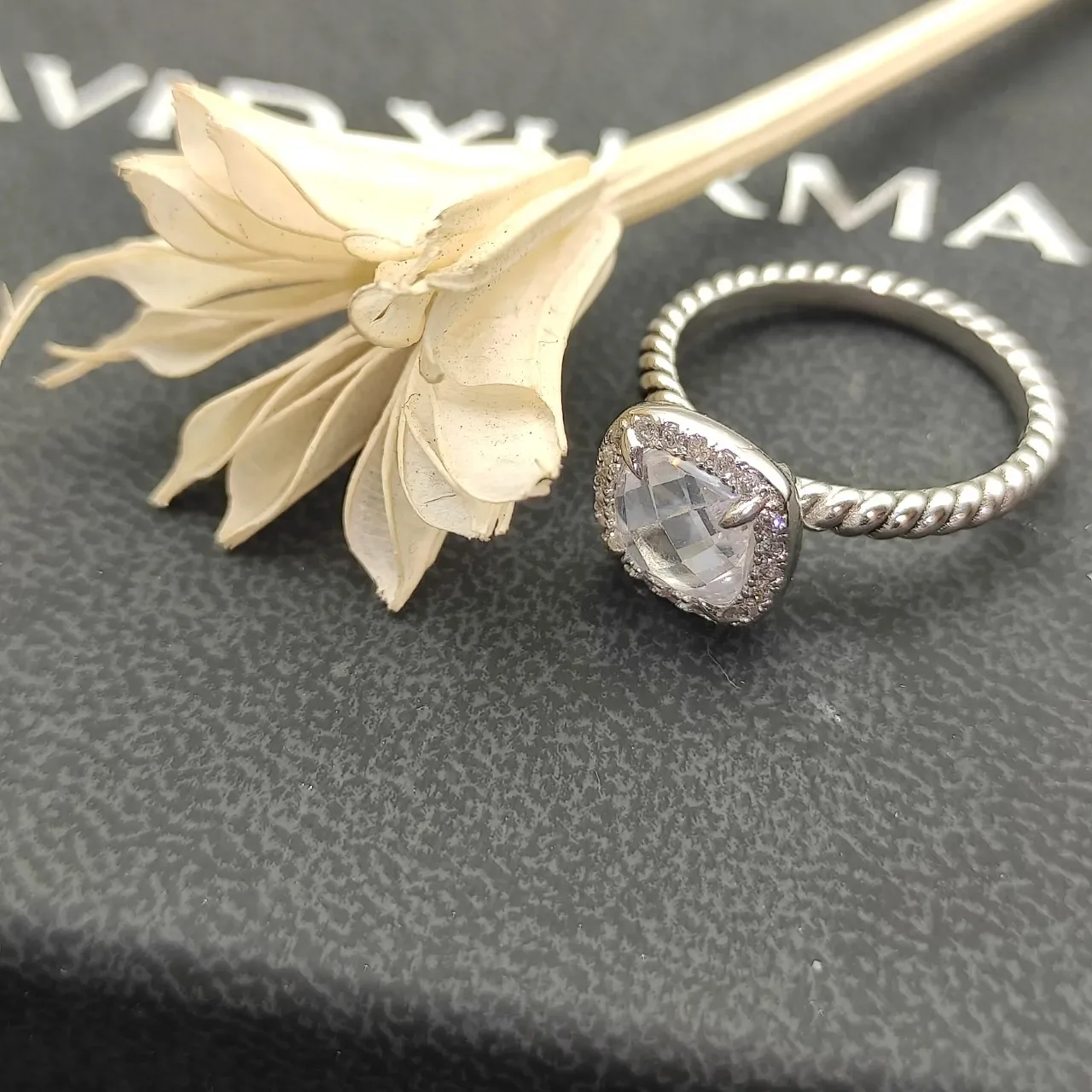 Silver-Tone Twisted Rope Band Cushion-Cut Faceted Stone Ring 4
