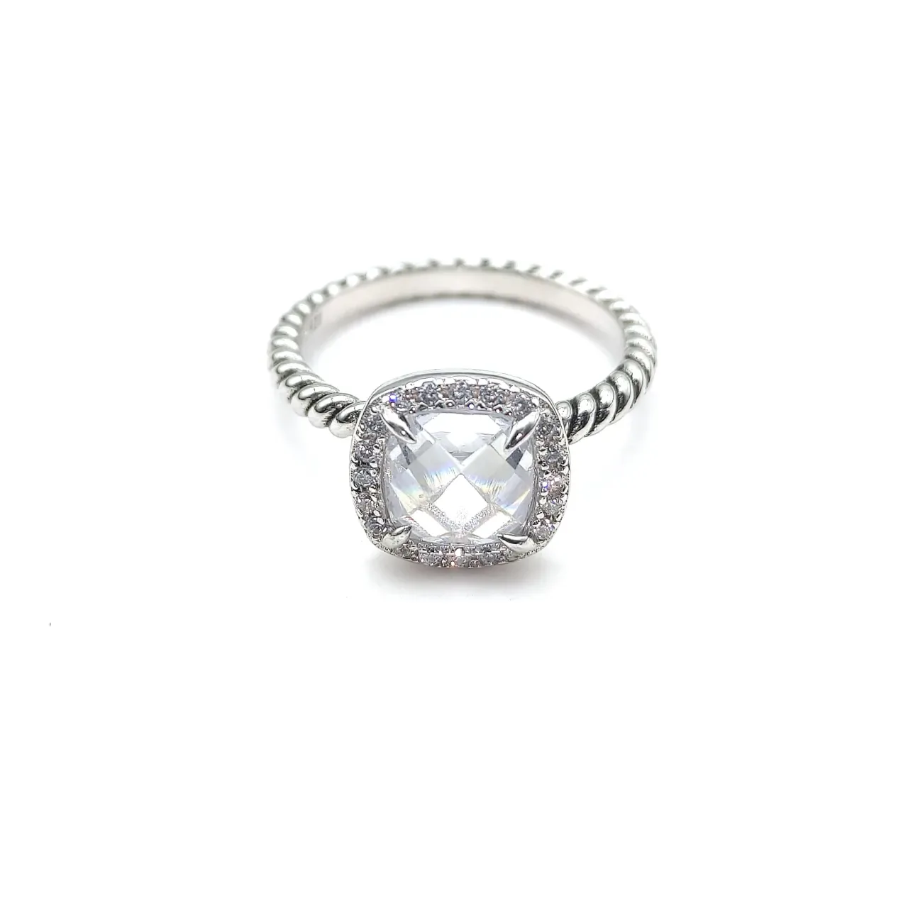 Silver-Tone Twisted Rope Band Cushion-Cut Faceted Stone Ring 9