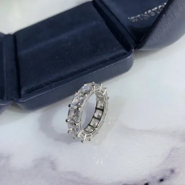 Silver-Toned Emerald-Cut Stone Eternity Band Ring 2
