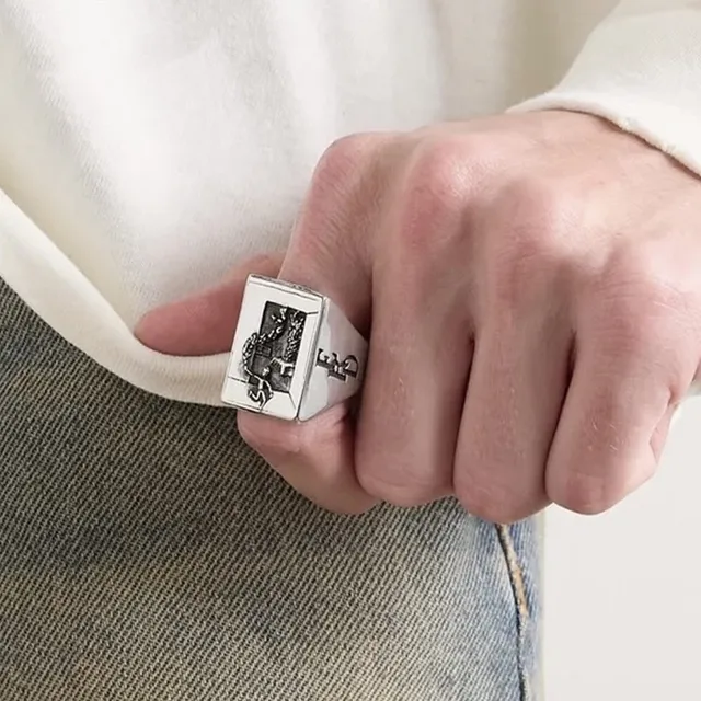 Silver-Toned Rectangular Engraved Statement Ring 5