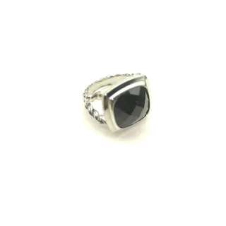 Silver-Toned Twisted Rope Band Faceted Black Stone Ring