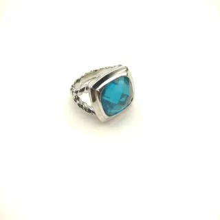 Silver-Toned Twisted Rope Band Faceted Blue Gemstone Ring