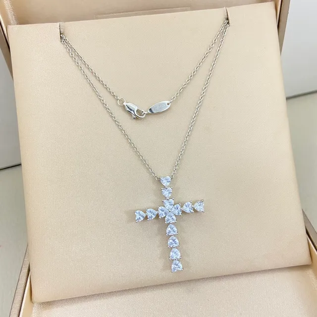 Silver Transparent Cross-Shaped Pendant Heart-Cut Stones Necklace 2