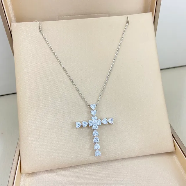 Silver Transparent Cross-Shaped Pendant Heart-Cut Stones Necklace 4