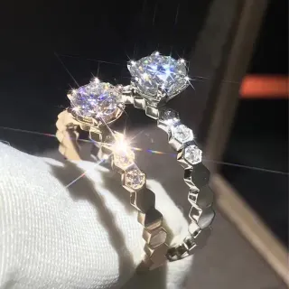 Silver Transparent Double-Stone Set Hexagonal Segmented Band Ring